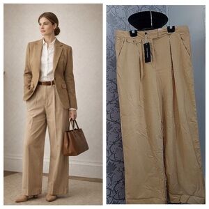 French Connection Wide Leg Trousers Beige Lyocell Cotton Size 12 Tailored